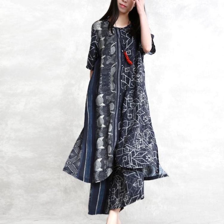 New silk and linen art suit blue retro plaid irregular long shirt wide leg pants summer - Omychic