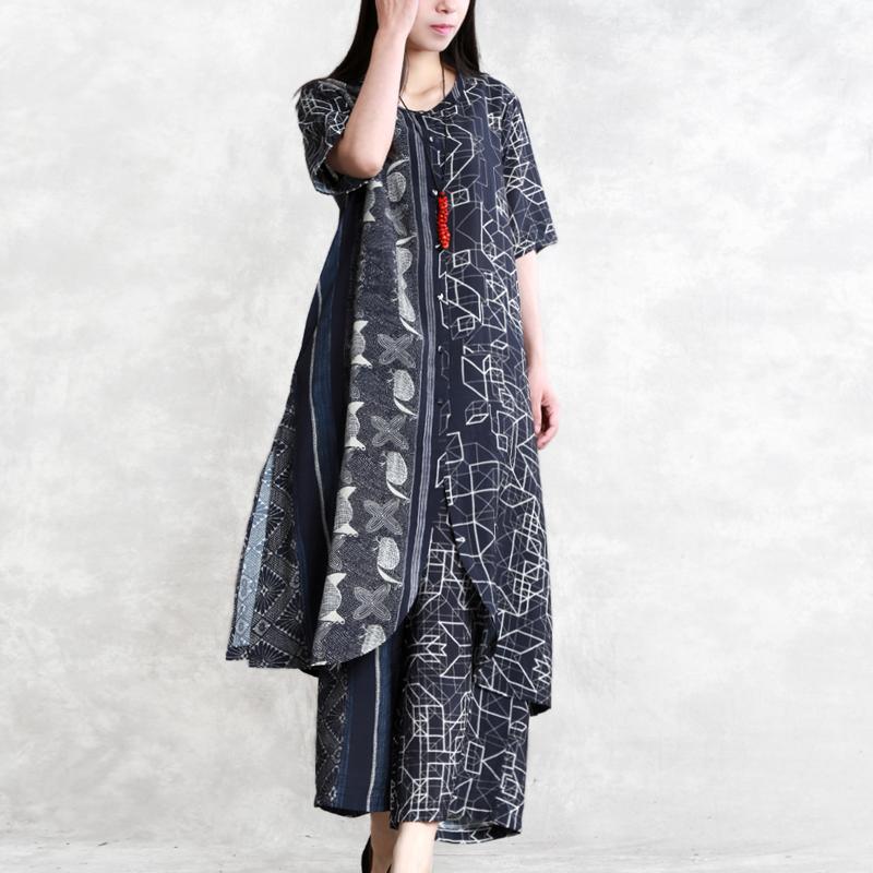 New silk and linen art suit blue retro plaid irregular long shirt wide leg pants summer - Omychic