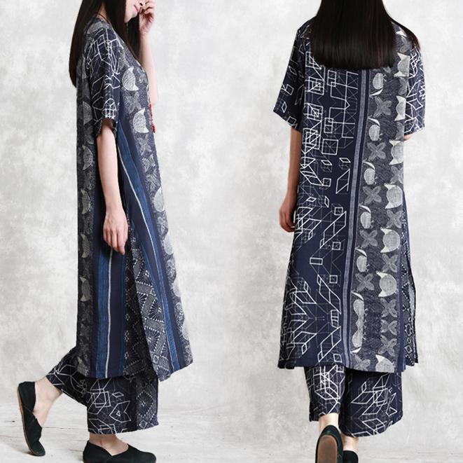 New silk and linen art suit blue retro plaid irregular long shirt wide leg pants summer - Omychic