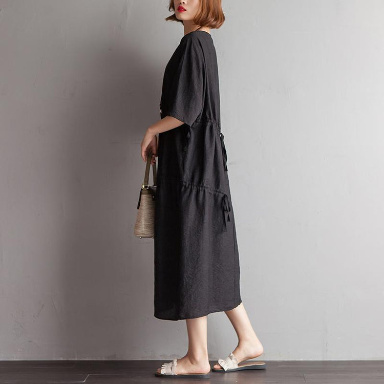 New silk jacquard maxi dress plus size Lacing Round Neck Summer Short Sleeve Black Dress - Omychic