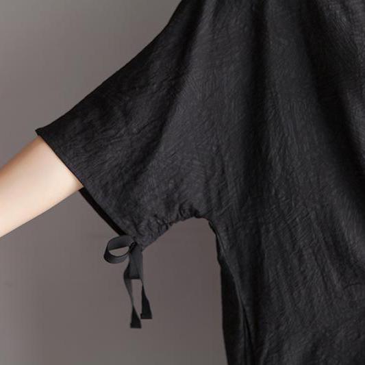 New silk jacquard maxi dress plus size Lacing Round Neck Summer Short Sleeve Black Dress - Omychic