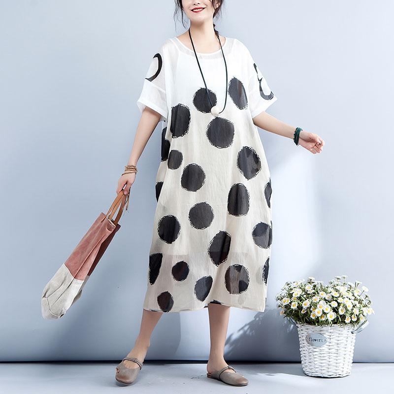 New silk linen maxi dress trendy plus size Loose Short Sleeve Dots Printed Round Neck Dress - Omychic