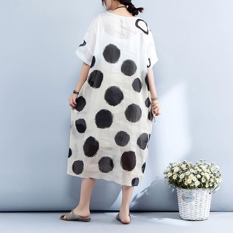 New silk linen maxi dress trendy plus size Loose Short Sleeve Dots Printed Round Neck Dress - Omychic