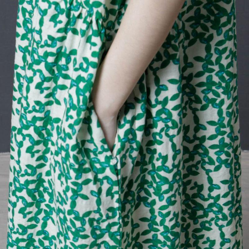 New summer dresses trendy plus size Women Summer Cotton Linen Round Neck Green Dress - Omychic
