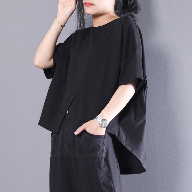 New summer t shirt plus size clothing Women Black Cotton Short Sleeve Pleated Loose Tops - Omychic