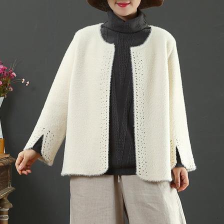 New white Woolen Coat Women Loose fitting medium length coat side open sleeve o neck coats - Omychic
