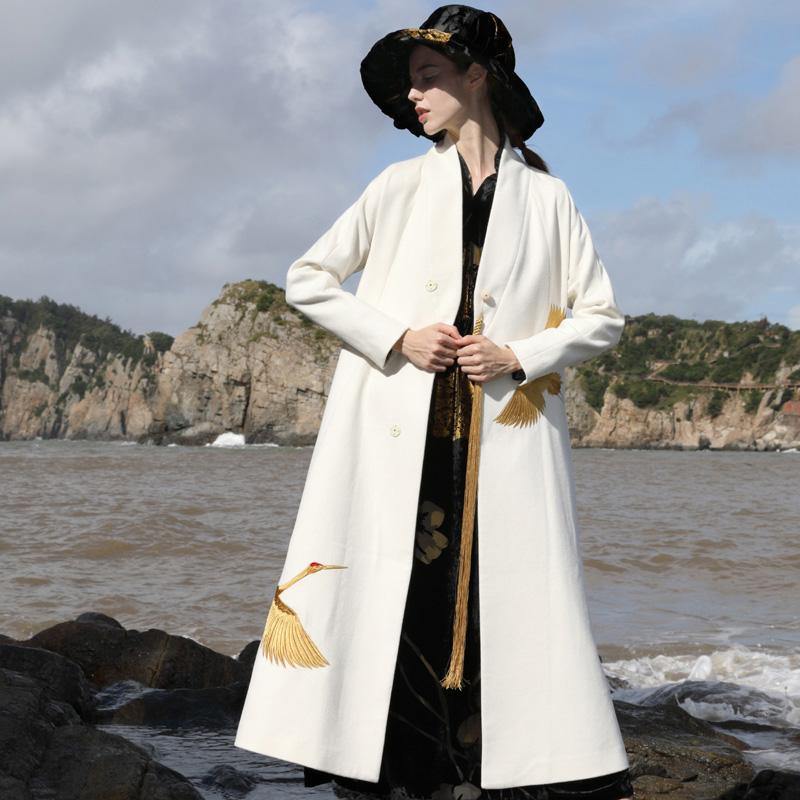 New white Woolen Coats Women trendy plus size long coat V neck jackete mbroidery tassel coats - Omychic