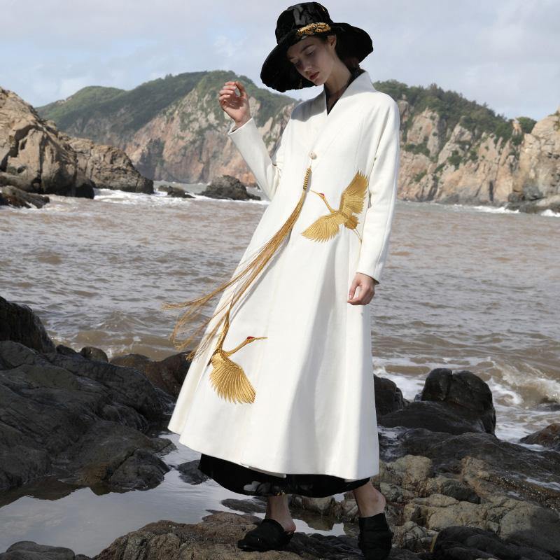 New white Woolen Coats Women trendy plus size long coat V neck jackete mbroidery tassel coats - Omychic