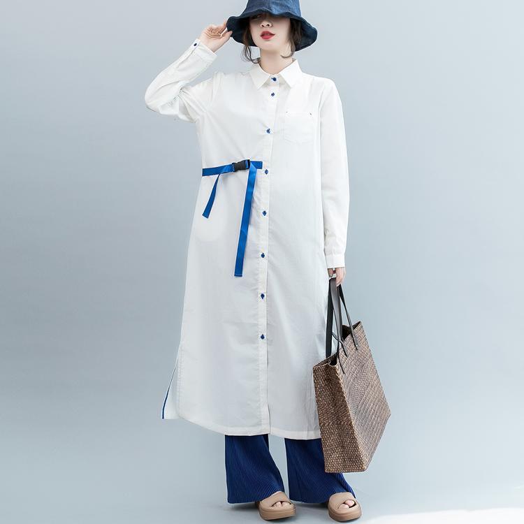 New white cotton dresses oversized Turn-down Collar side open traveling dress vintage long sleeve tie waist cotton dressesbaggy nude natural linen dress - Omychic