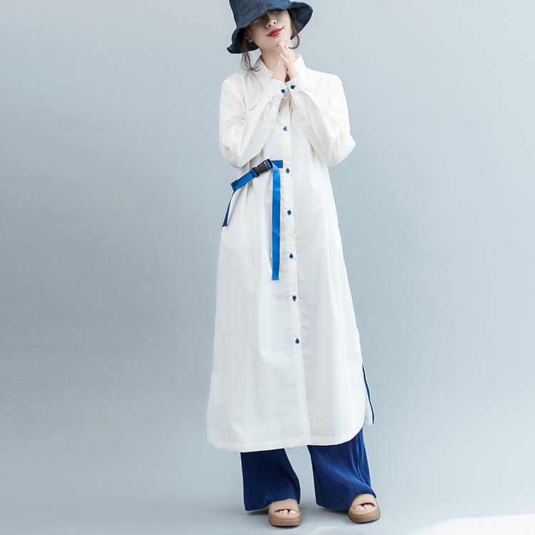 New white cotton dresses oversized Turn-down Collar side open traveling dress vintage long sleeve tie waist cotton dressesbaggy nude natural linen dress - Omychic