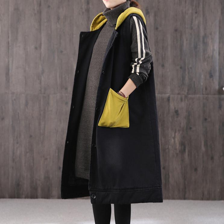 New yellow women parka trendy plus size jacket hooded pockets sleeveless coats - Omychic