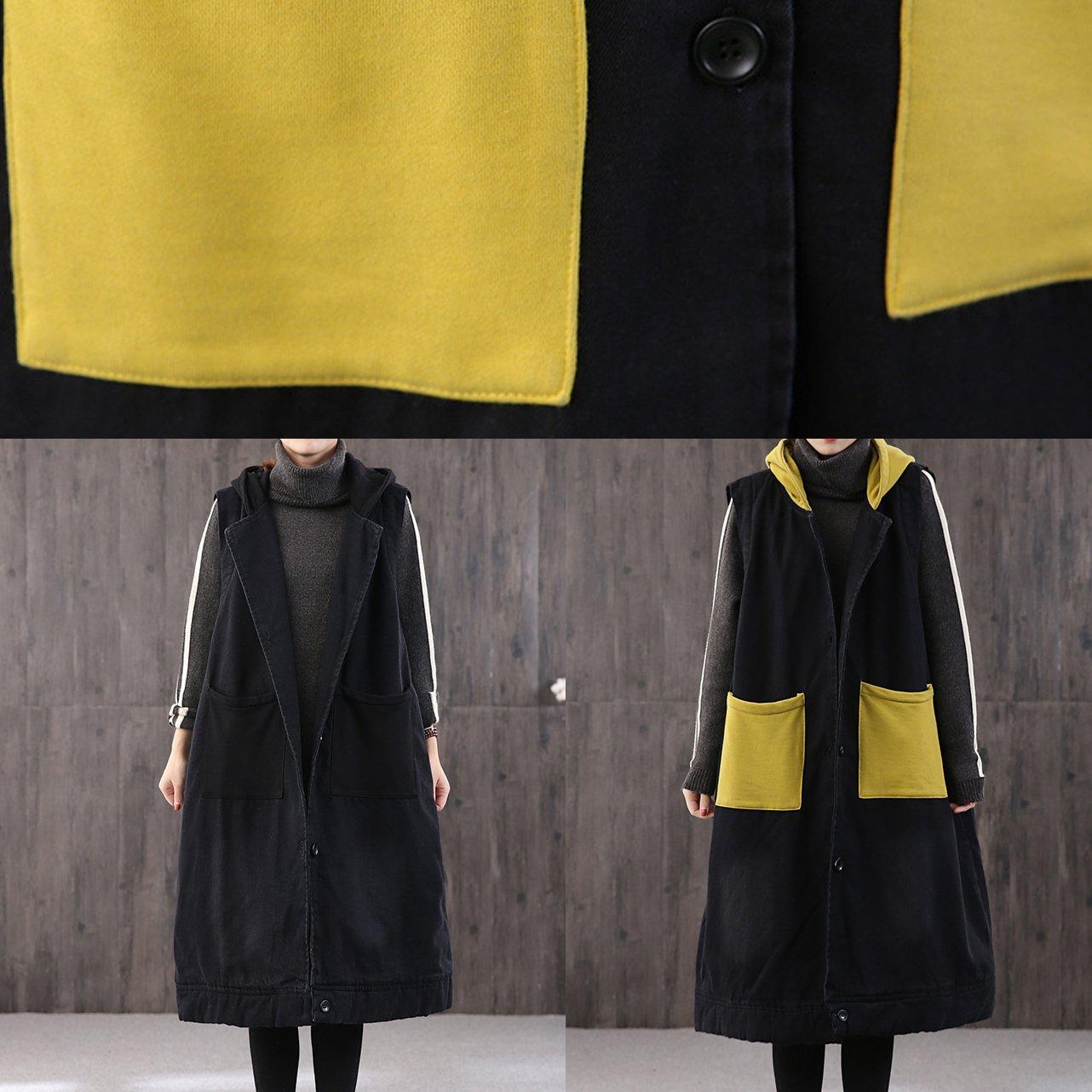 New yellow women parka trendy plus size jacket hooded pockets sleeveless coats - Omychic