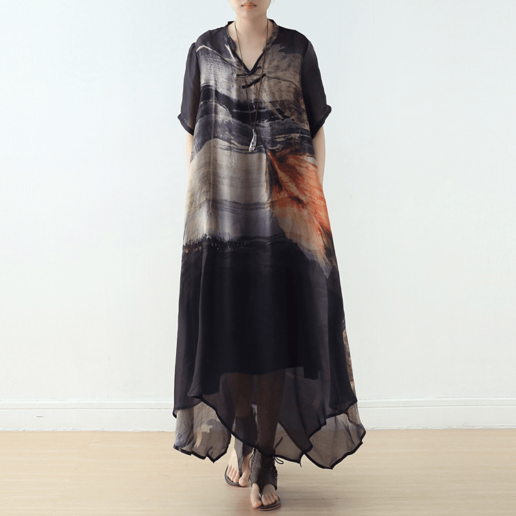 New Women's Retro Disc Button Loose Large Size Irregular Silk Printed Dress - Omychic