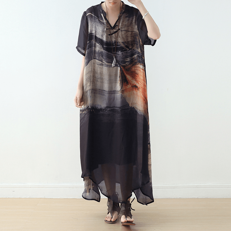 New Women's Retro Disc Button Loose Large Size Irregular Silk Printed Dress - Omychic