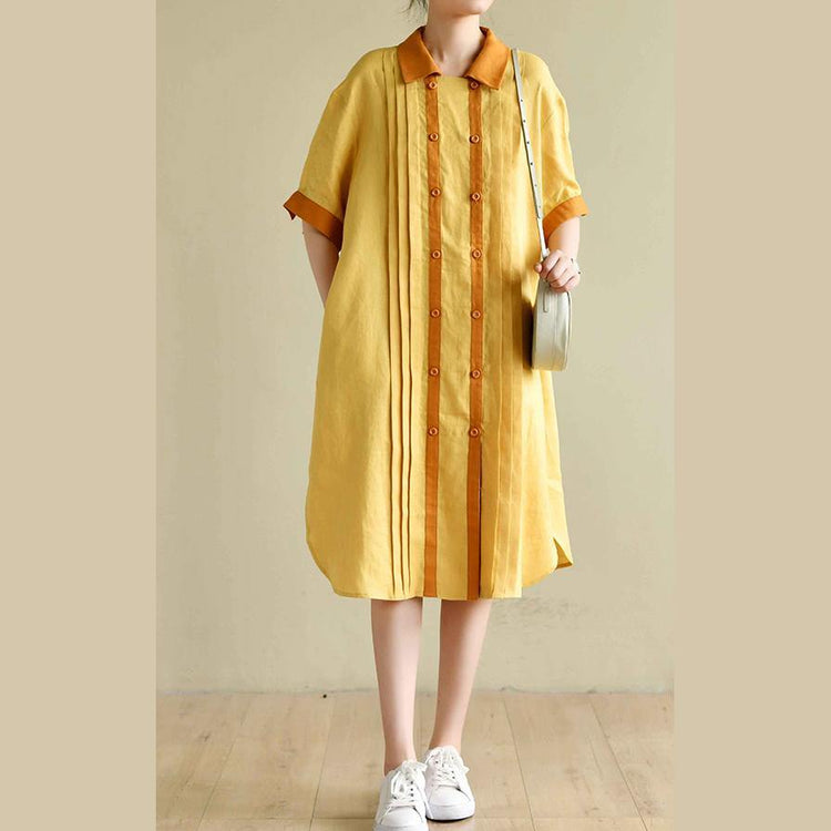New Yellow Casual Linen Dresses Oversize Stylish Sundress Short Sleeve Shirt Dresses - Omychic