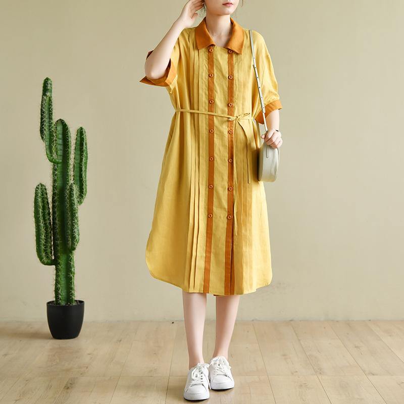 New Yellow Casual Linen Dresses Oversize Stylish Sundress Short Sleeve Shirt Dresses - Omychic