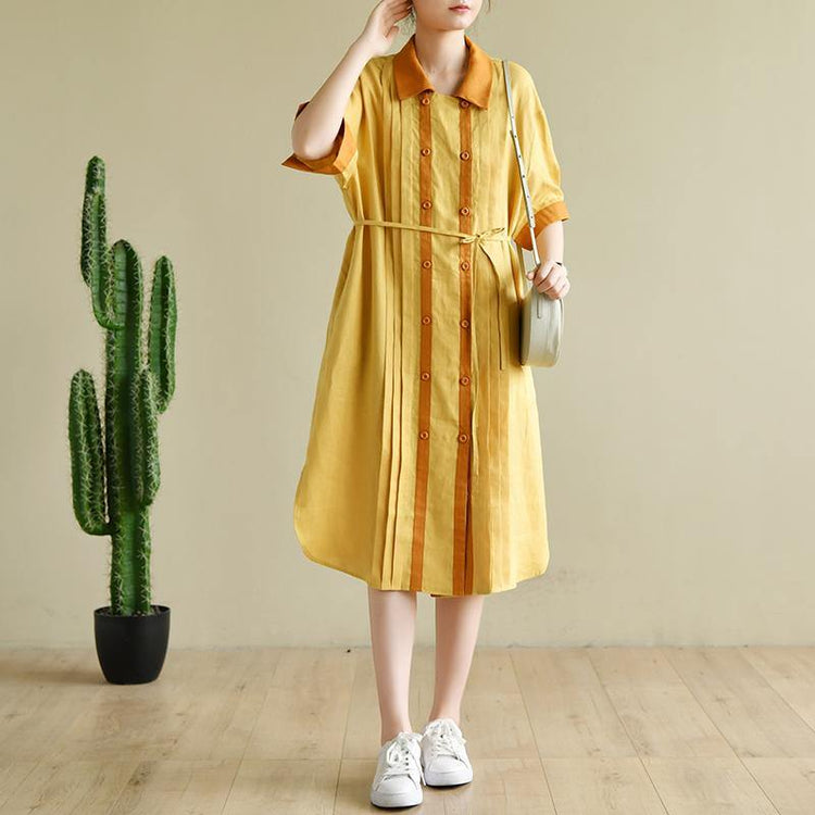 New Yellow Casual Linen Dresses Oversize Stylish Sundress Short Sleeve Shirt Dresses - Omychic