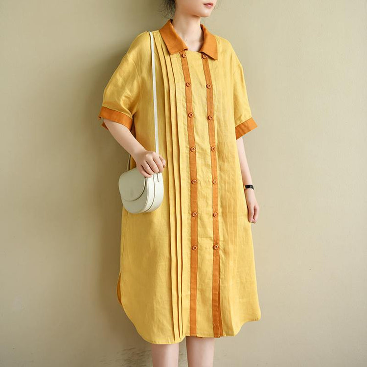 New Yellow Casual Linen Dresses Oversize Stylish Sundress Short Sleeve Shirt Dresses - Omychic