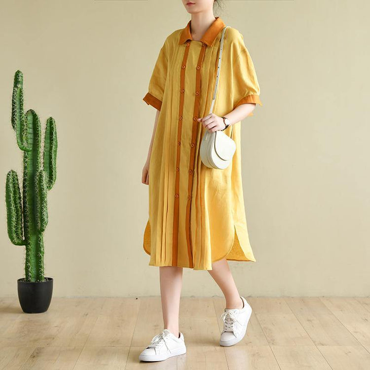 New Yellow Casual Linen Dresses Oversize Stylish Sundress Short Sleeve Shirt Dresses - Omychic