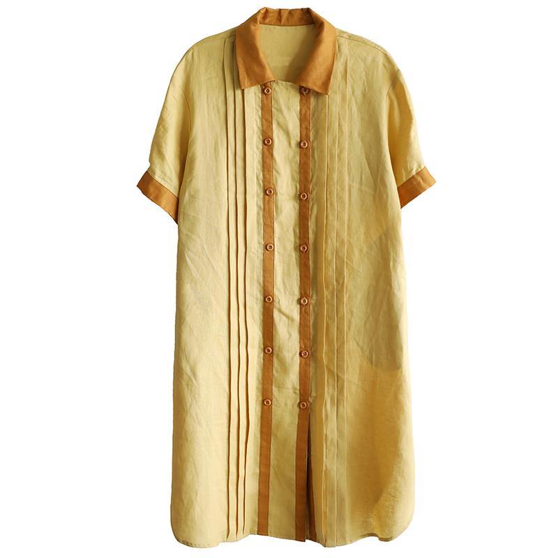 New Yellow Casual Linen Dresses Oversize Stylish Sundress Short Sleeve Shirt Dresses - Omychic