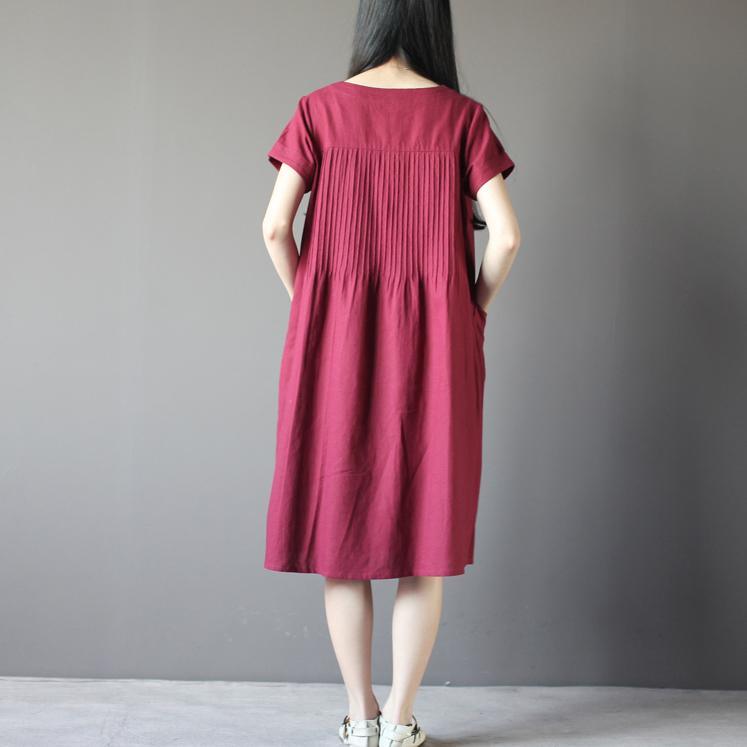 New Burgundy linen sundress plus size shift dresses retro - Omychic