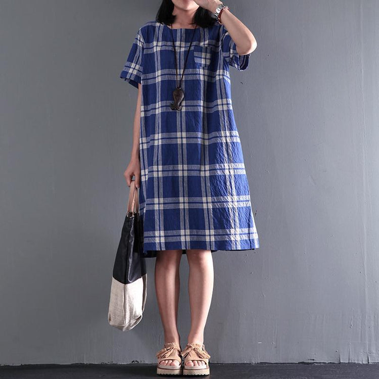 New Casual plaid cotton sundress summer shift dresses opens at back - Omychic