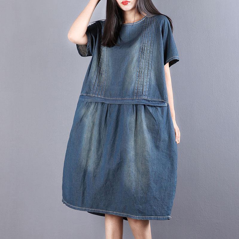 New Midi-length cotton dress Loose fitting Denim Summer Short Sleeve Pockets Dress - Omychic