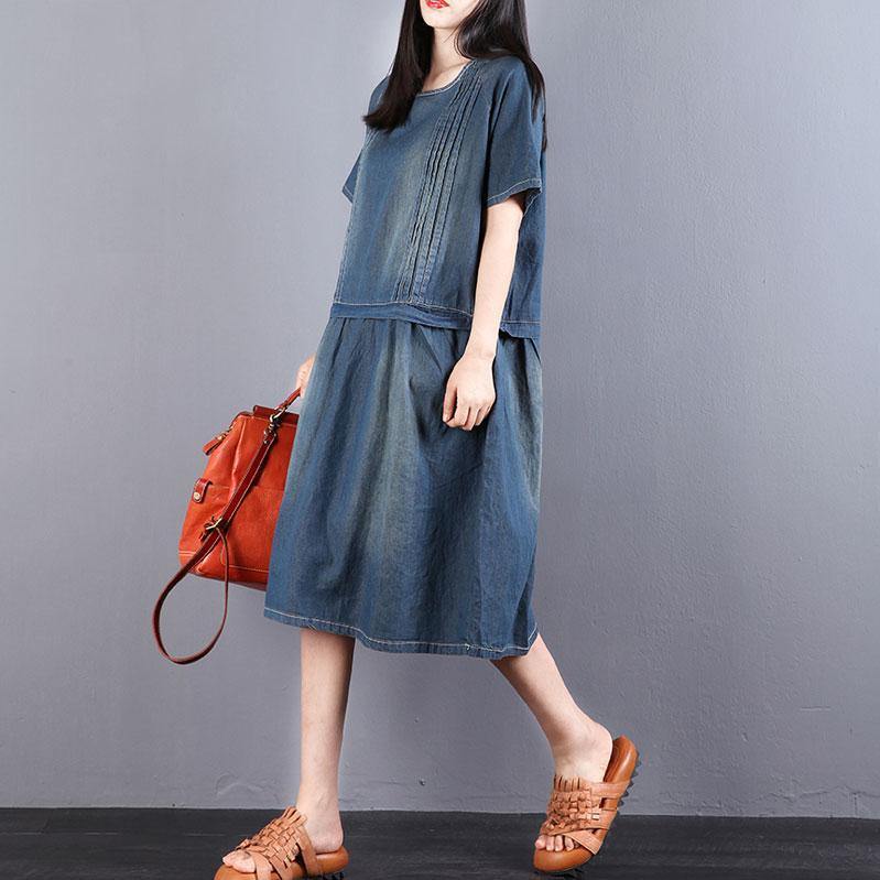 New Midi-length cotton dress Loose fitting Denim Summer Short Sleeve Pockets Dress - Omychic