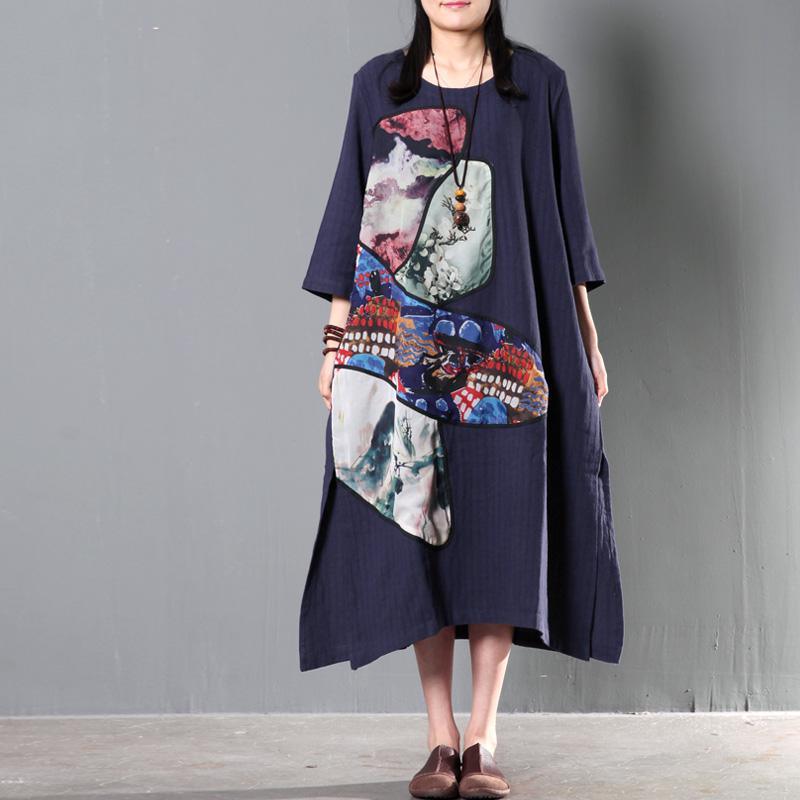 New Navy linen summer maxi dress long print patchwork long sundress caftan dress - Omychic