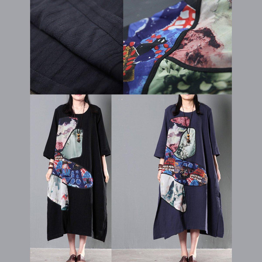 New Navy linen summer maxi dress long print patchwork long sundress caftan dress - Omychic