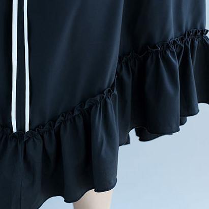 New black dotted cotton dresses plus size cotton clothing dresses vintage ruffles hem short sleeve cotton clothing dress - Omychic