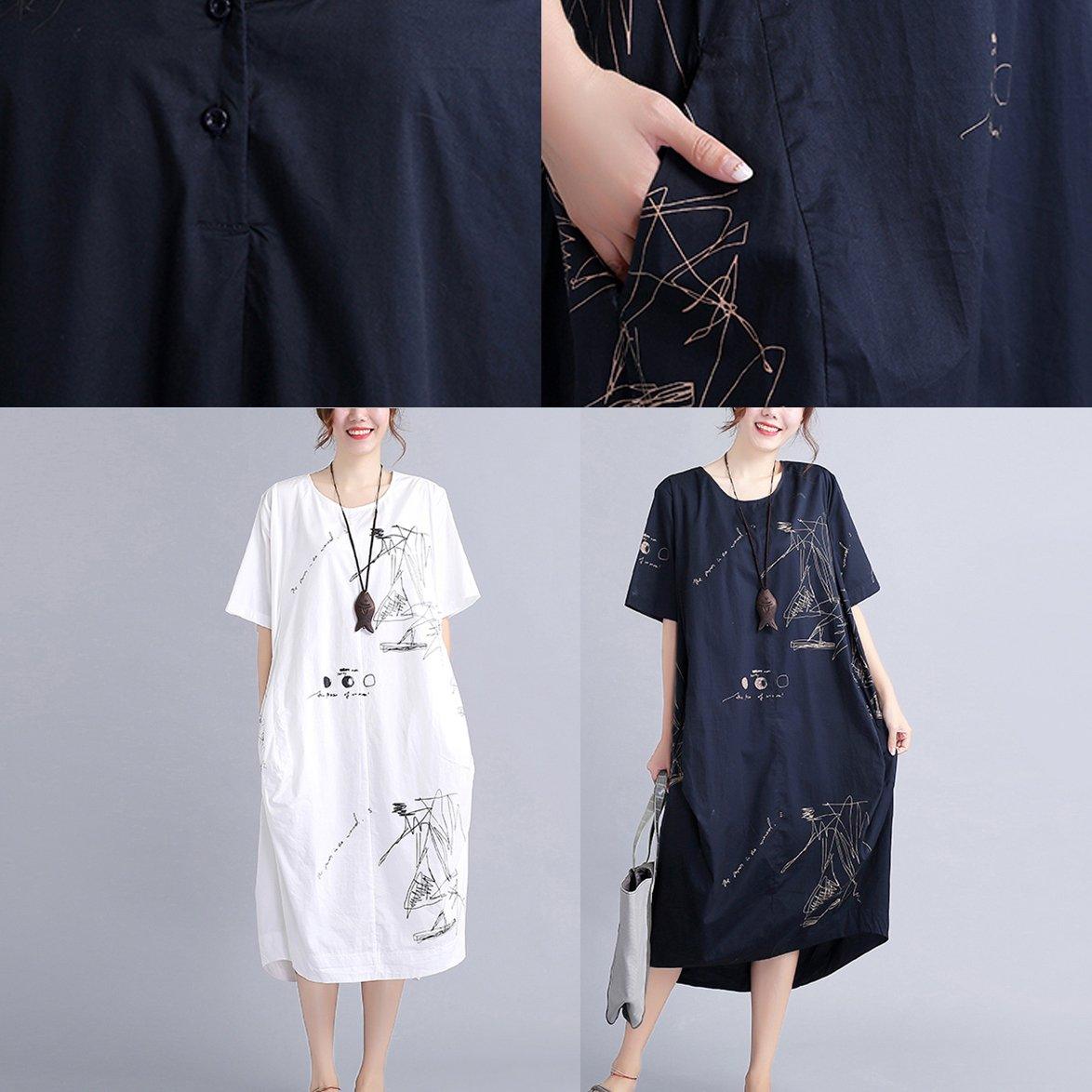 New black linen knee dressoversized linen clothing dress 2018short sleeve prints linen cotton dress - Omychic