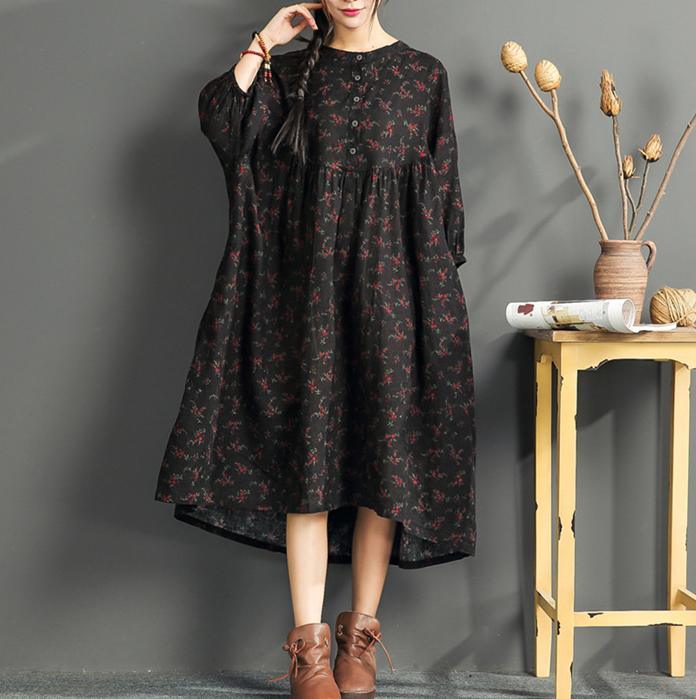 New black print  long linen dress plus size o neck cotton gown boutique high waist caftans - Omychic