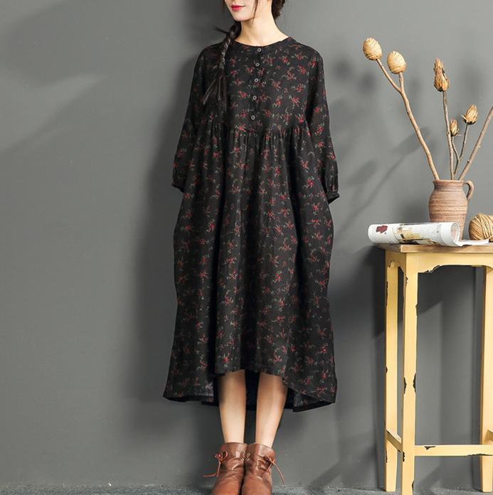 New black print  long linen dress plus size o neck cotton gown boutique high waist caftans - Omychic