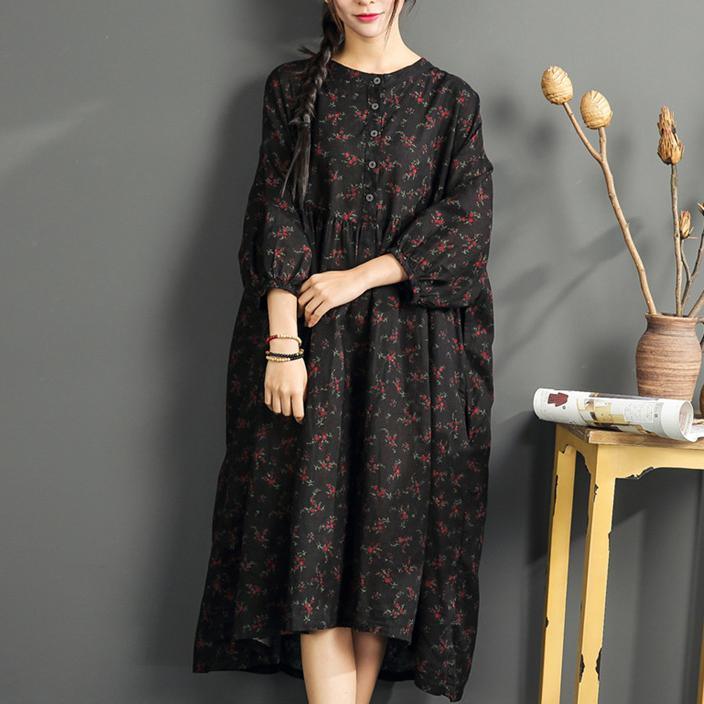 New black print  long linen dress plus size o neck cotton gown boutique high waist caftans - Omychic