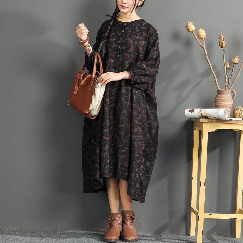 New black print  long linen dress plus size o neck cotton gown boutique high waist caftans - Omychic