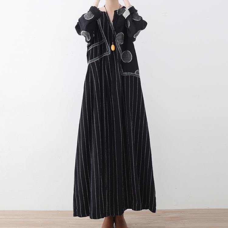 New black striped  linen dresses plus size patchwork prints traveling dress casual asymmetric gown - Omychic