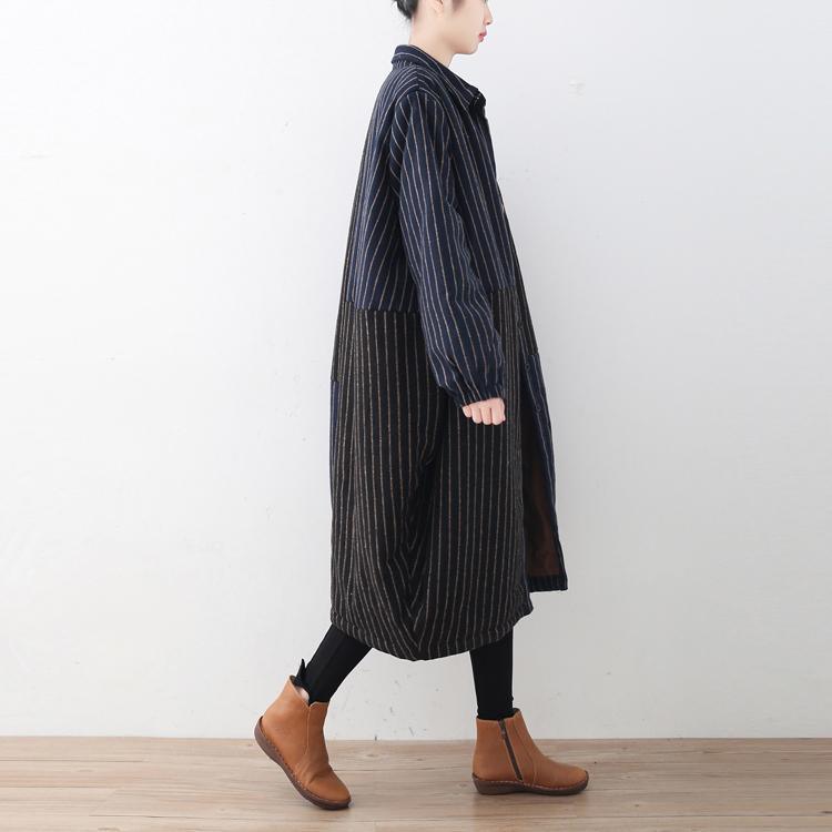 New blue black striped wool coat Loose fitting down overcoat Fine patchwork cardigans - Omychic