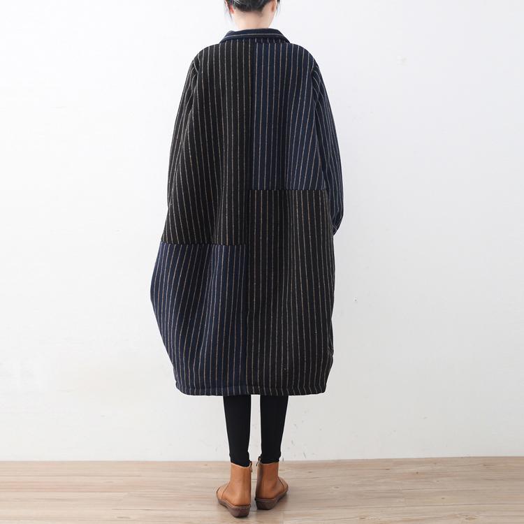 New blue black striped wool coat Loose fitting down overcoat Fine patchwork cardigans - Omychic