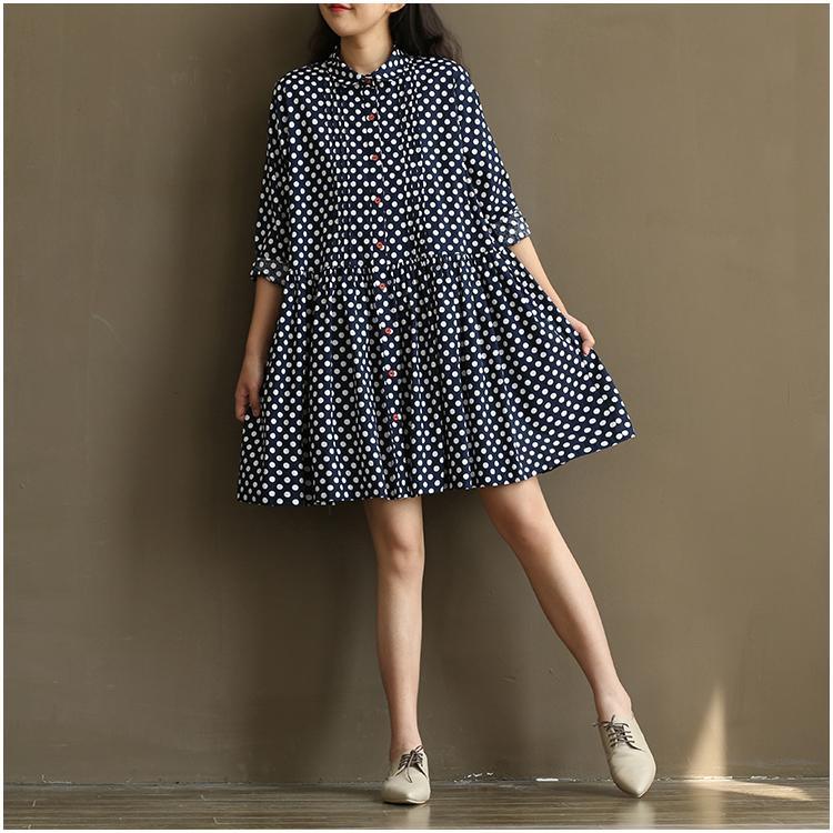 New blue dotted sundress plus size cotton summer dresses navy - Omychic
