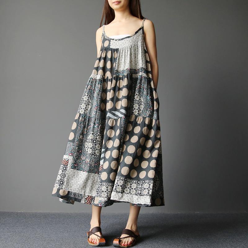 New blue gray print long linen dress oversized sleeveless cotton dresses Fine patchwork linen dress - Omychic