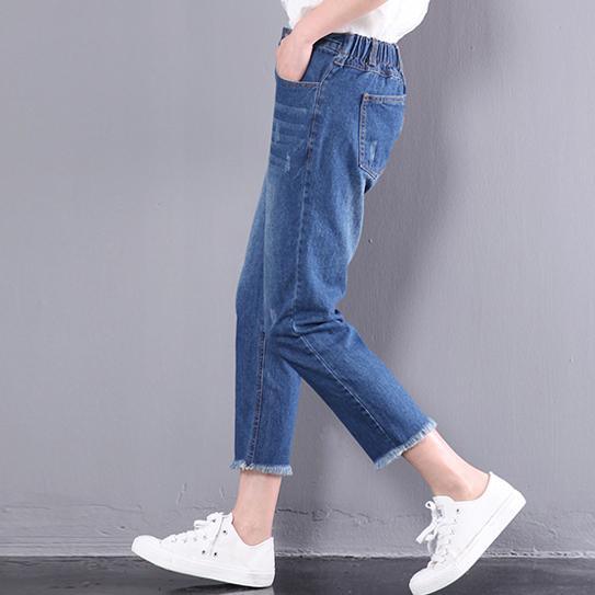 New blue loose summer crop pants cotton plus size jeans - Omychic