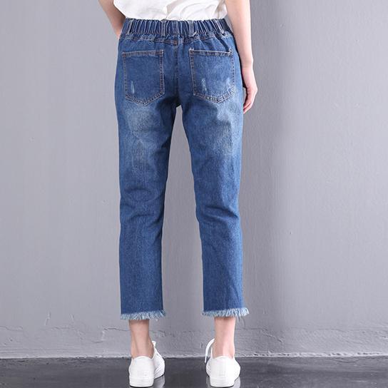 New blue loose summer crop pants cotton plus size jeans - Omychic