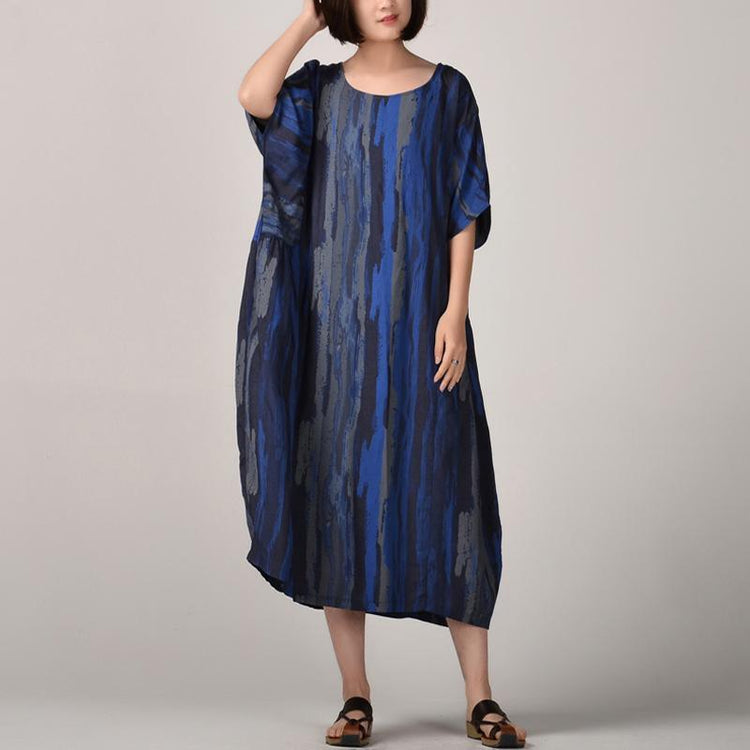 New blue  silk linen maxi dress trendy plus size striped prints linen maxi dress Fine batwing sleeve caftans - Omychic