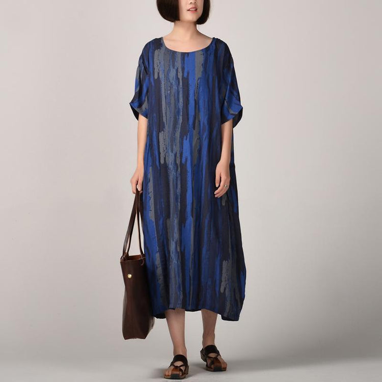 New blue  silk linen maxi dress trendy plus size striped prints linen maxi dress Fine batwing sleeve caftans - Omychic