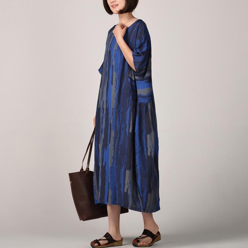 New blue  silk linen maxi dress trendy plus size striped prints linen maxi dress Fine batwing sleeve caftans - Omychic