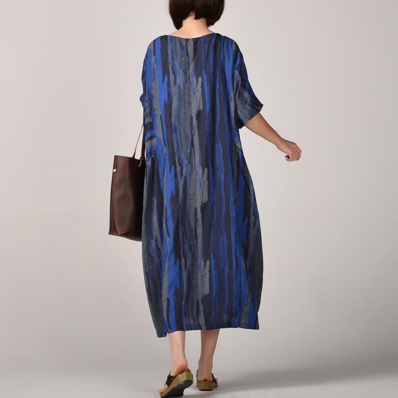 New blue  silk linen maxi dress trendy plus size striped prints linen maxi dress Fine batwing sleeve caftans - Omychic