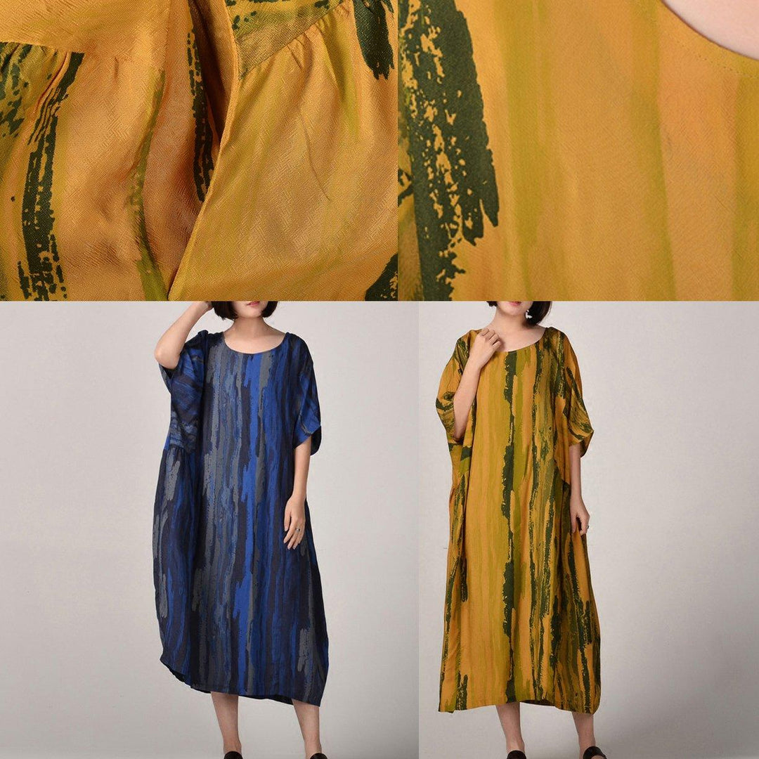 New blue  silk linen maxi dress trendy plus size striped prints linen maxi dress Fine batwing sleeve caftans - Omychic