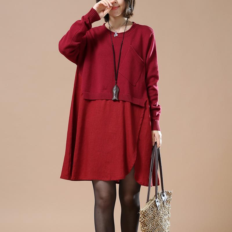 New burgundy layered sweaters oversize winter dresses - Omychic