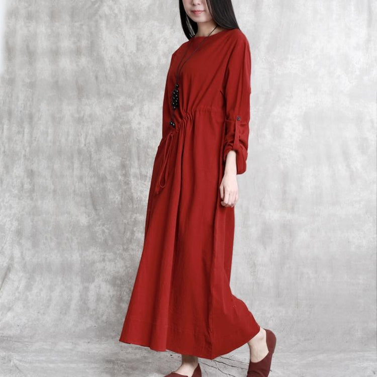 New burgundy  linen maxi dress plus size side open cotton gown Fine drawstring cotton clothing - Omychic